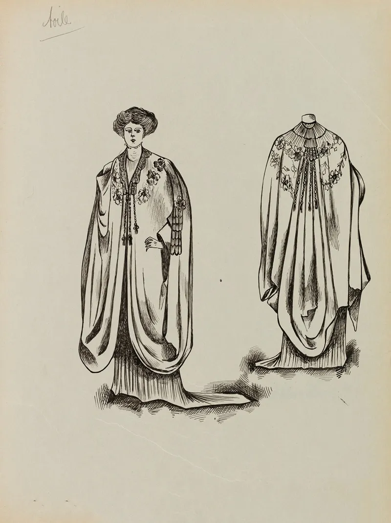 Figure De Femme De Trois Quart Portant Une Cape Brodee Sur Robe Longue