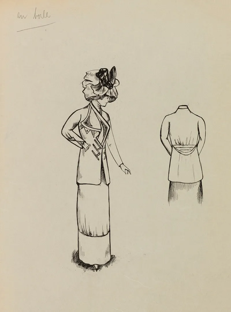 Figure De Femme De Trois Quart Portant Une Veste Sur Robe Longue Et Un Grand Chapeau