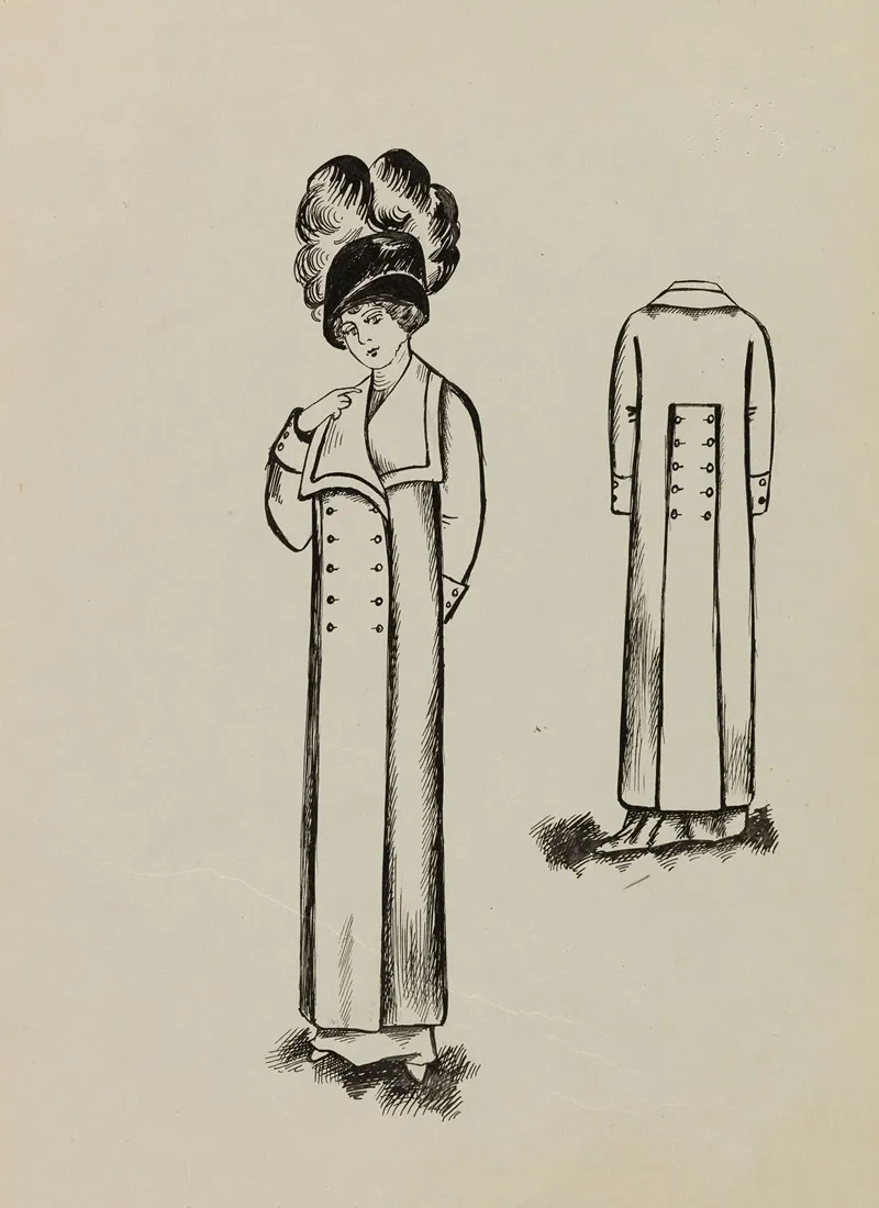 Figure De Femme De Trois Quarts Portant Un Manteau Sur Une Robe Longue Et Un Grand Chapeau