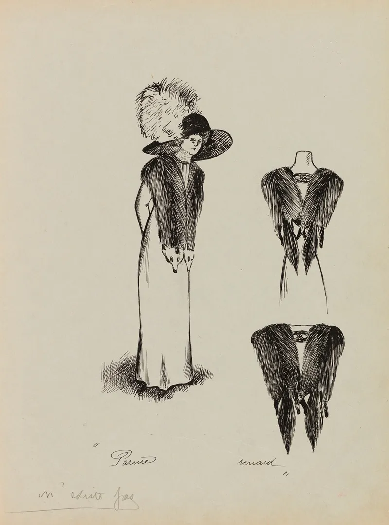 Figure De Femme De Trois Quarts Portant Une Echarpe De Renard Sur Une Robe Longue Et Un Grand Chapeau