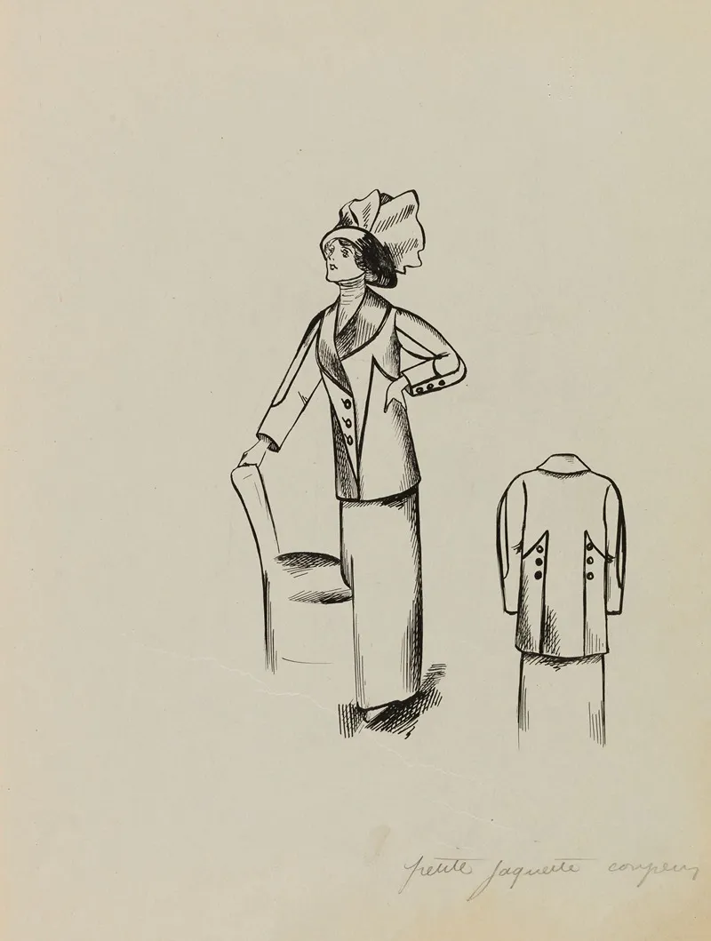 Figure De Femme De Trois Quarts Portant Une Jaquette Avec Longue Jupe Et Un Chapeau