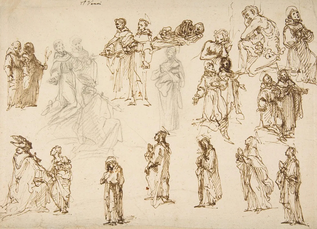 Figure Studies Standing And Kneeling Clerics And Religious Adam And Eve And A Reclining Skeleton by Francesco Vanni - Canvas Print