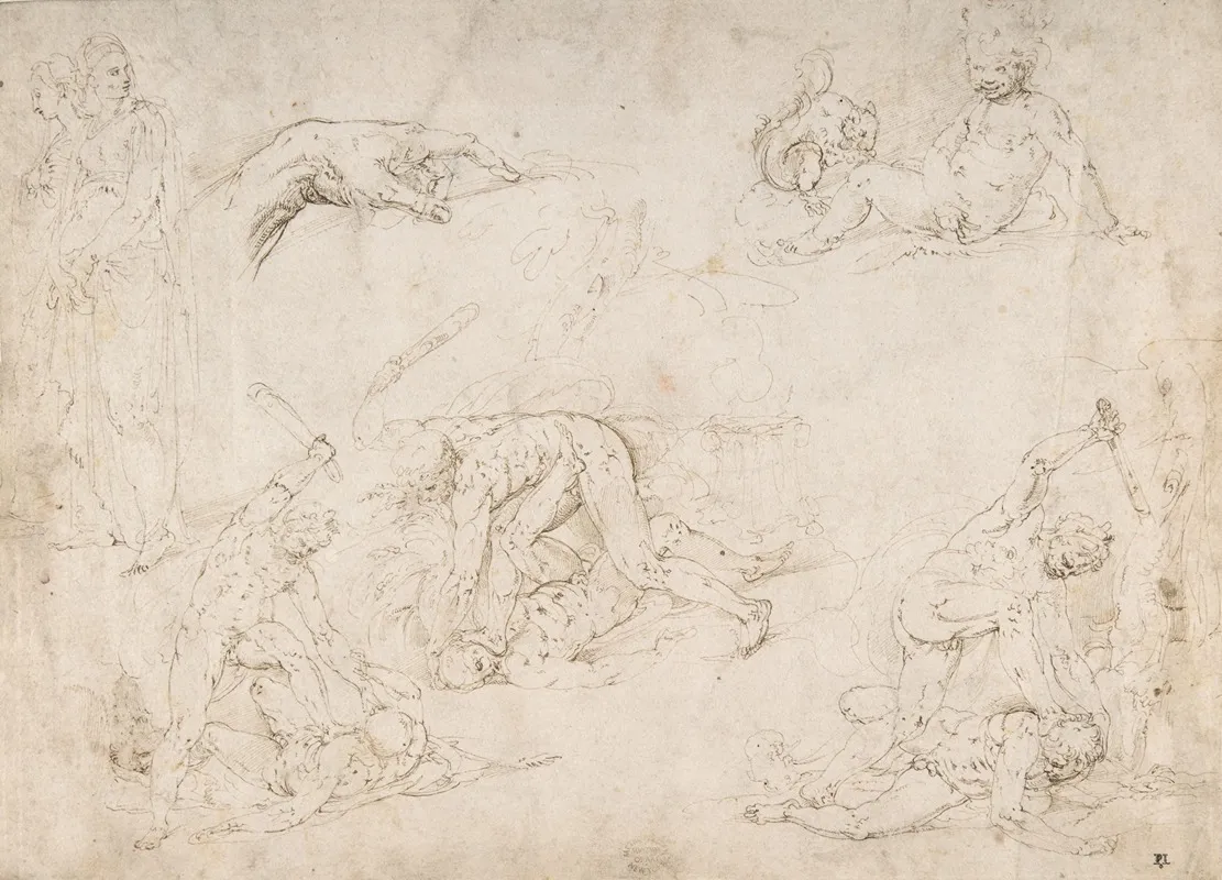 Figure Studies Three Sketches Of Cain Killing Abel With An Altar Of Sacrifice At Center Two Standing Women A Hand And A Seated Child With A Squirrel by Battista Franco - Canvas Print