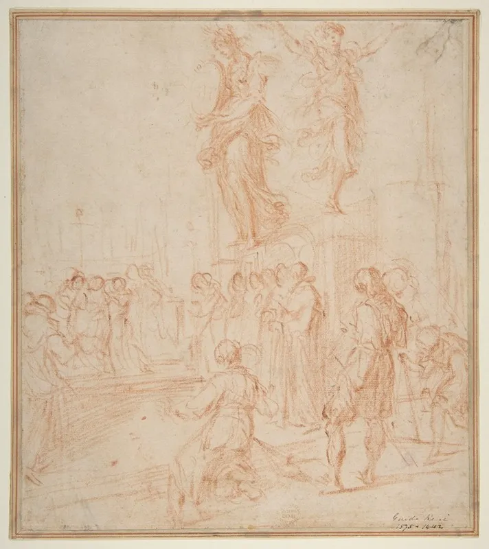 Figure Studies Woman Holding A Shield A Dancing Female And A Priest Supported At An Altar Before A Group Of Onlookers