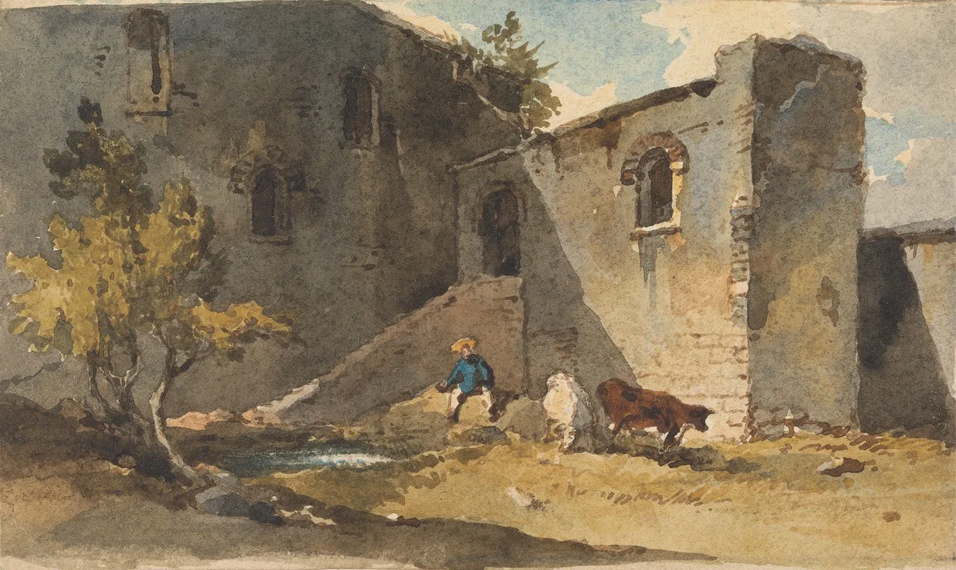 Figure With Cattle Standing In The Shadow Of A Building by George Chinnery - Canvas Print