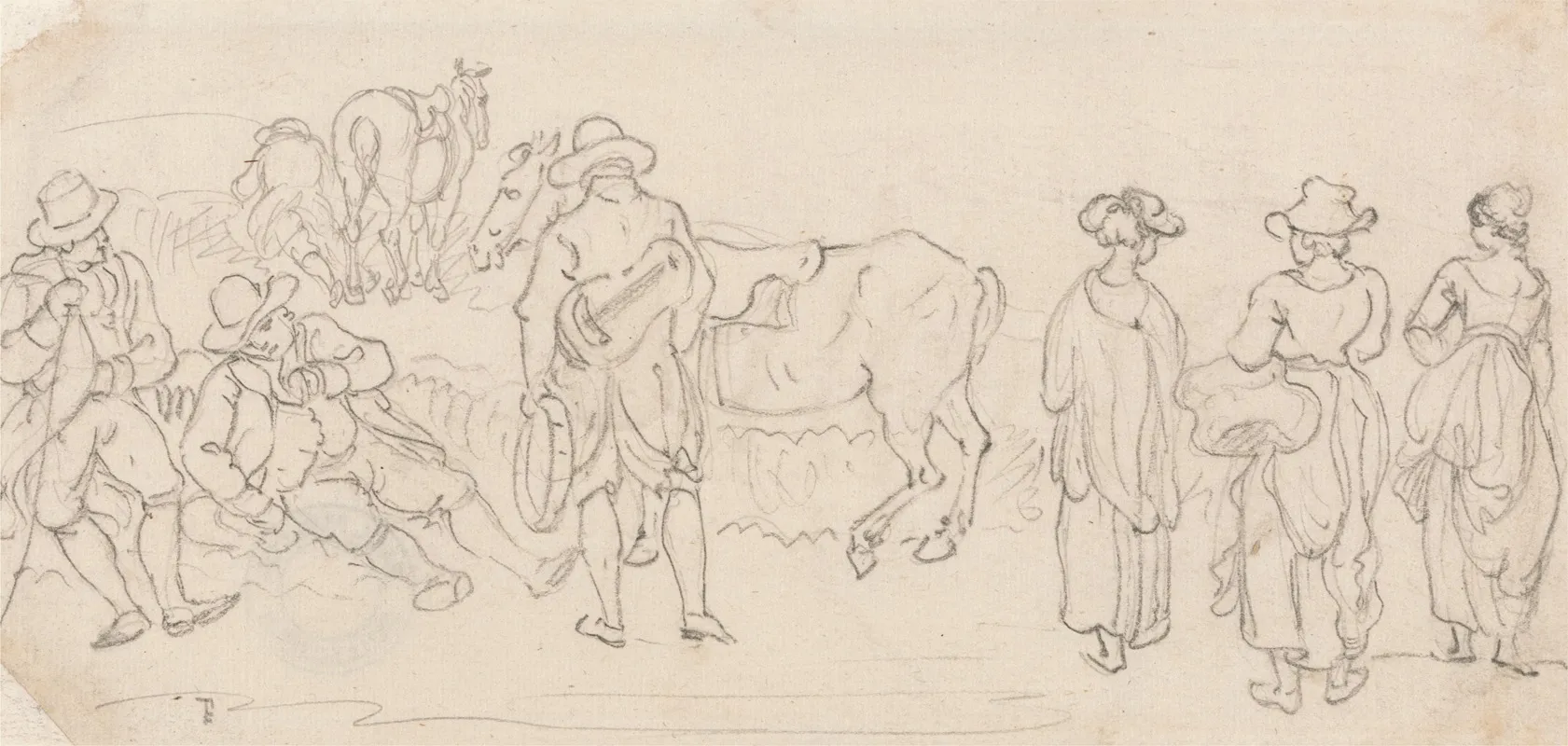 Figure With Lute And Tambourine With Other Figures Men Resting Country Women Horses Etc