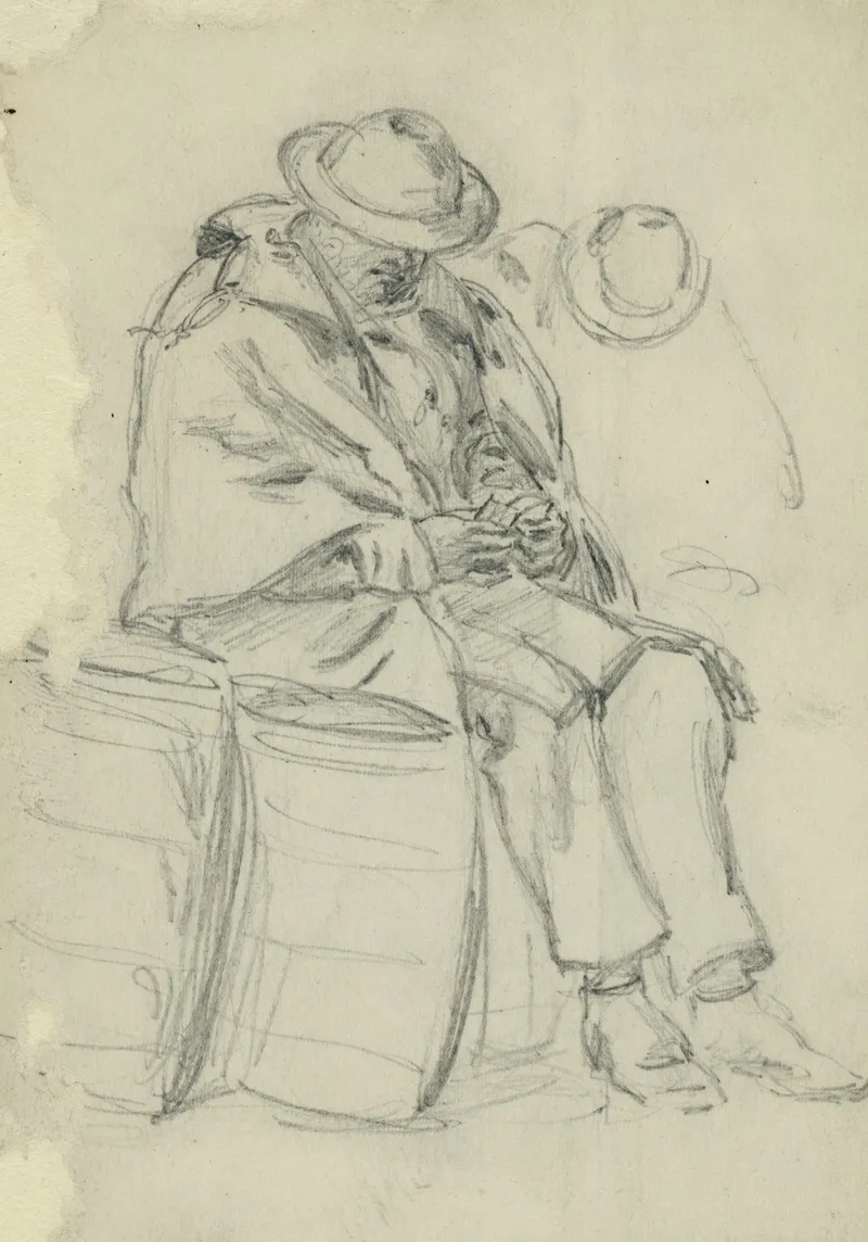 Figure Wrapped In Blanket Sitting On A Barrel And Reading
