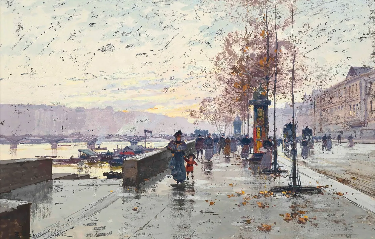Figures At The Quai De Louvre Paris by Eugène Galien-Laloue - Canvas Print