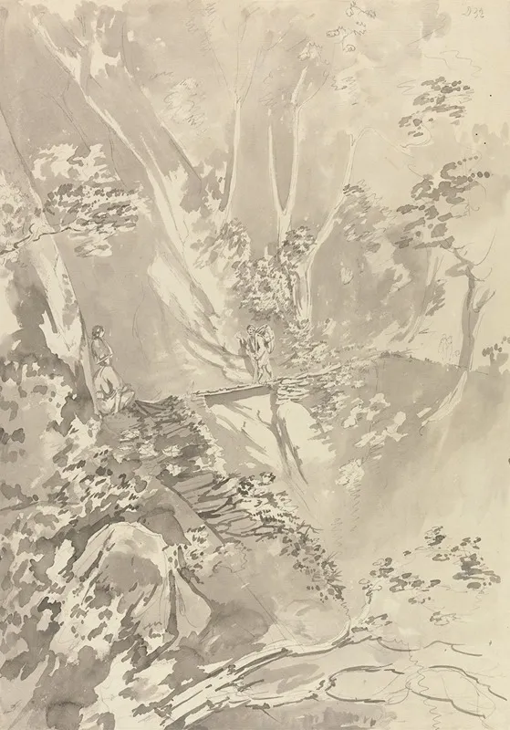 Figures Crossing A Bridge Over A Ravine by Samuel Davis - Canvas Print