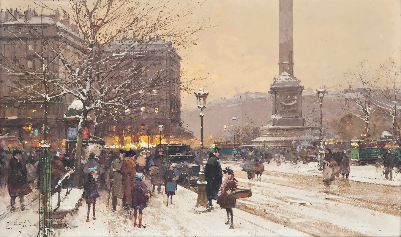 Figures In The Snow The Place De Concorde Paris by Eugène Galien-Laloue - Canvas Print