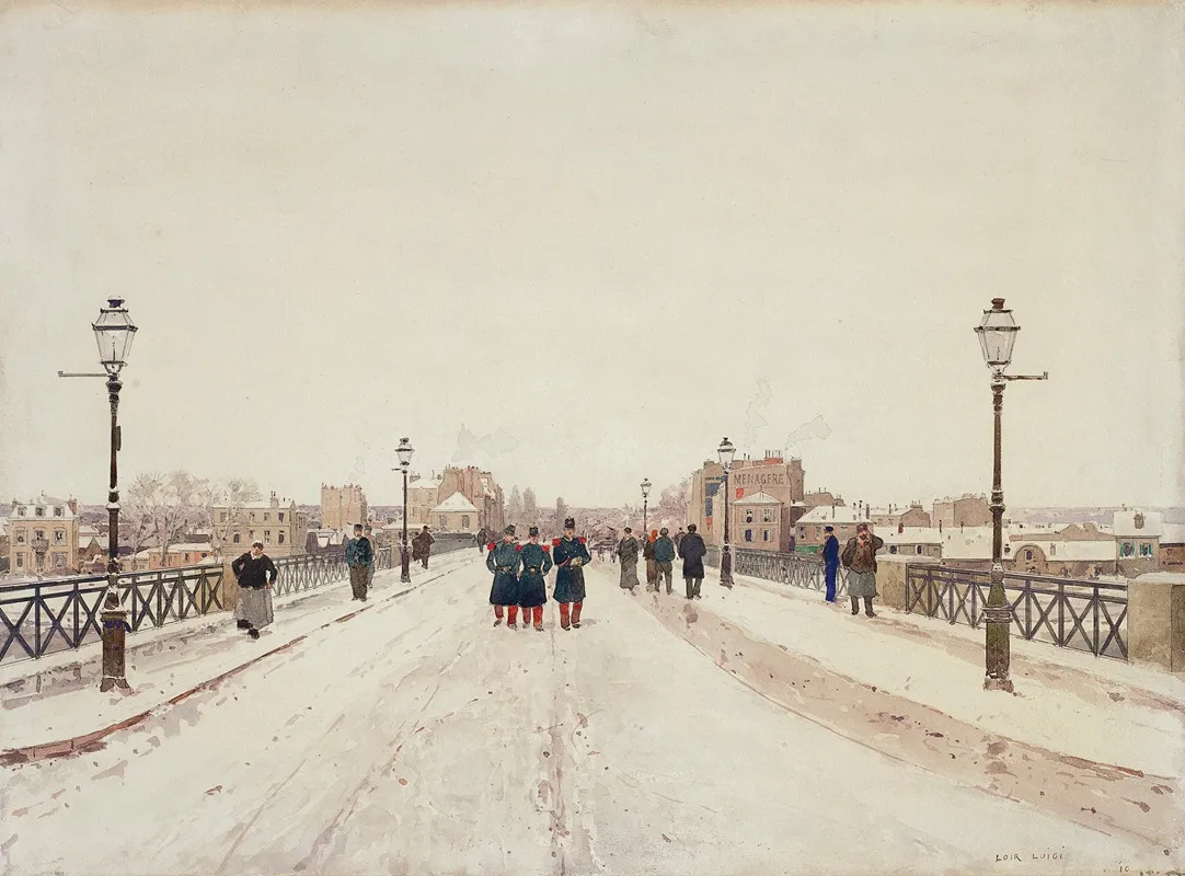 Figures On A Bridge In The Snow by Luigi Loir - Canvas Print