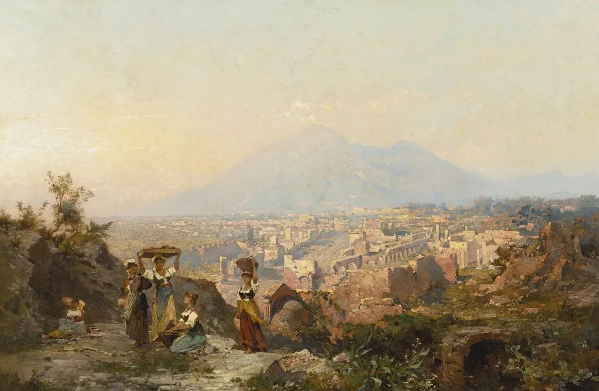 Figures On A Hill Overlooking Pompeii by Franz Richard Unterberger - Canvas Print