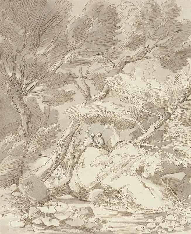 Figures On A Rocky River Bank At Canonteign Devon by John White Abbott - Canvas Print