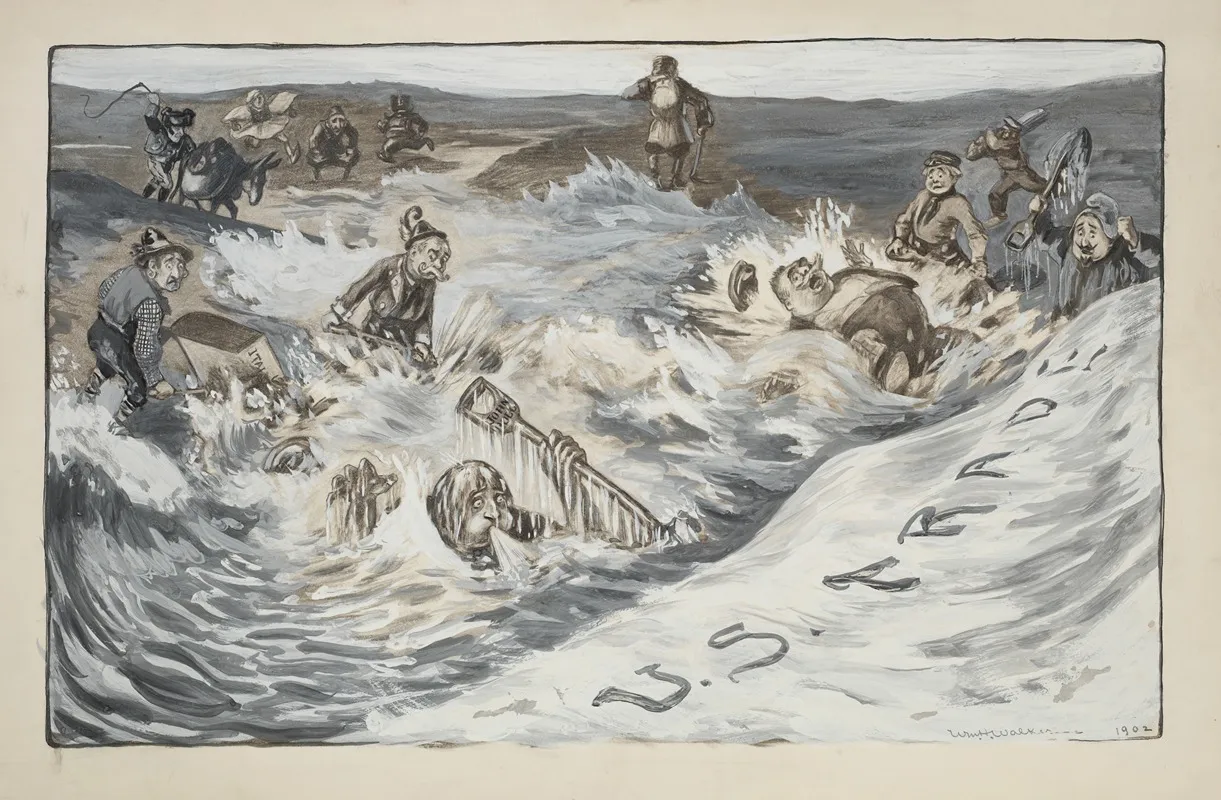 Figures Representing Other Countries Including Italy And Great Britain Are Overwhelmed As They Try To Stop Incoming Waves Representing U S Trade