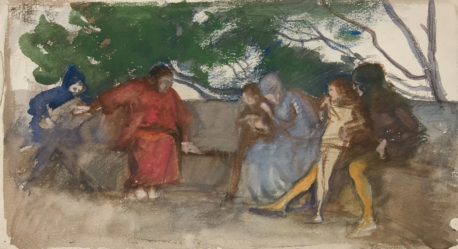 Figures Seated Along An Outdoor Bench
