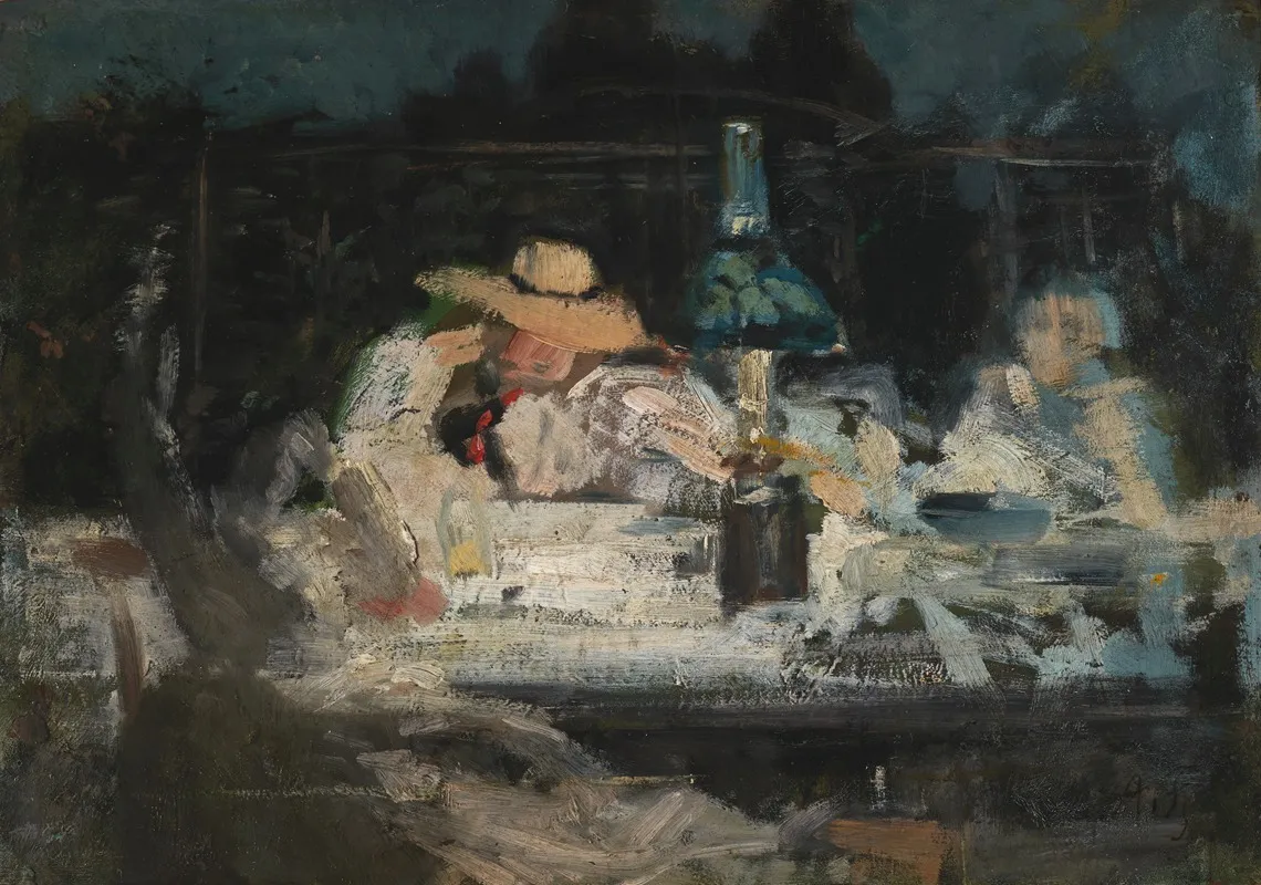 Figures Seated Around A Lamp