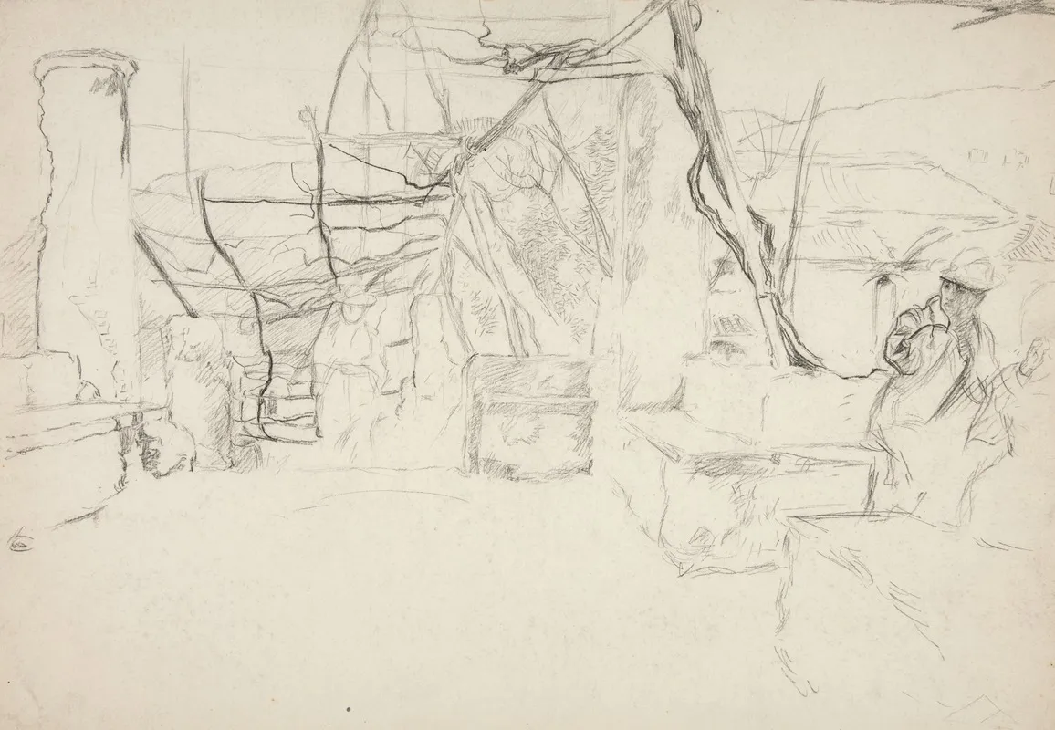 Figures Walking Among Old Ruins