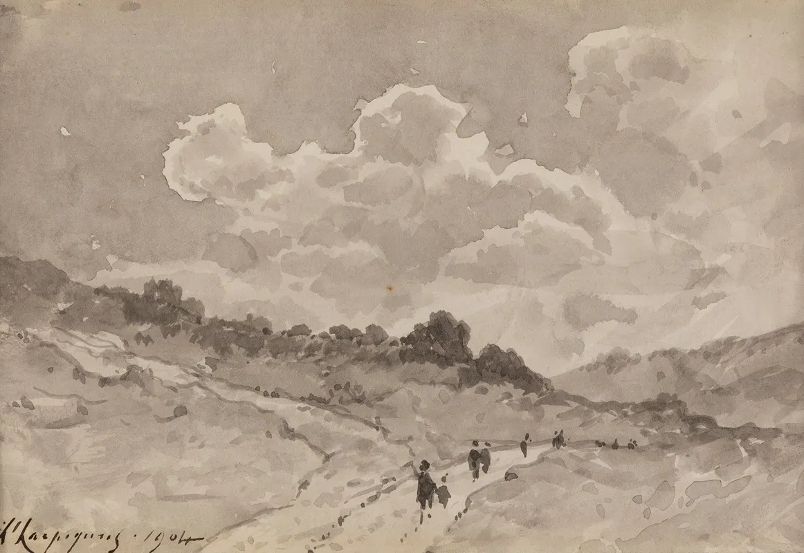 Figures Walking Down A Path In A Hilly Landscape