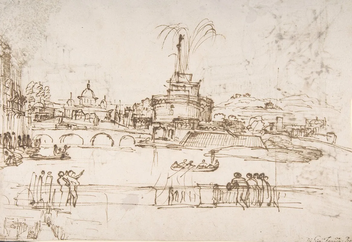 Figures Watching A Display Of Fireworks At Castel Santangelo Rome by Giovanni Francesco Grimaldi - Canvas Print