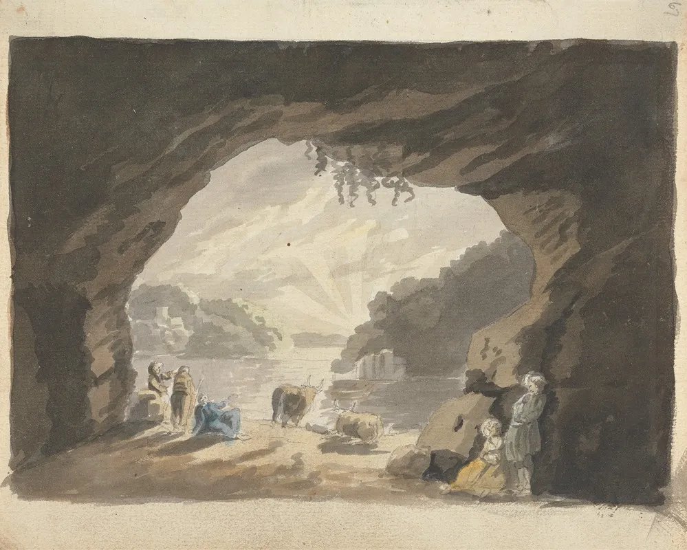 Figures With Animals At Cave by James Miller - Canvas Print