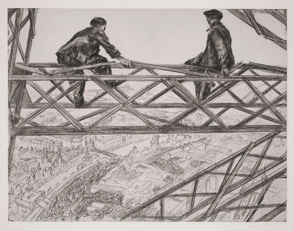 Fin Du Jour Repos Des Ouvriers Electriciens De La Tour Eiffel by Charles Paul Renouard - Canvas Print