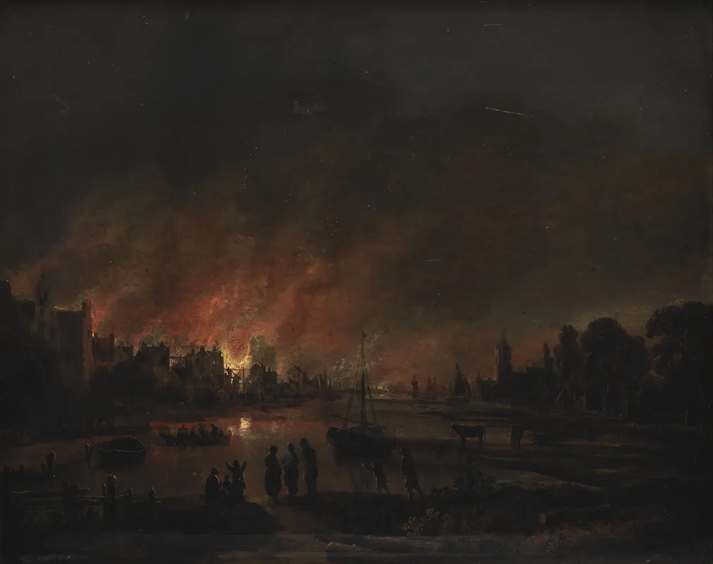 Fire At A Village By Night by Aert van der Neer - Canvas Print