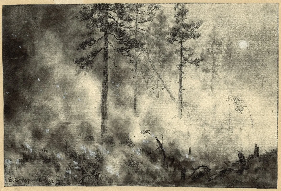 Fire On The Taiga Near Krasnoyarsk by Boris Vasilievich Smirnov - Canvas Print