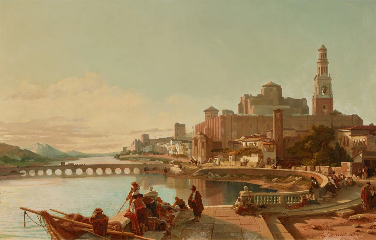 Fischer Und Weitere Figuren Am Ufer Des Guadalquivir Mit Blickauf Die Romische Brucke Und Der Grosen Moschee Von Cordoba