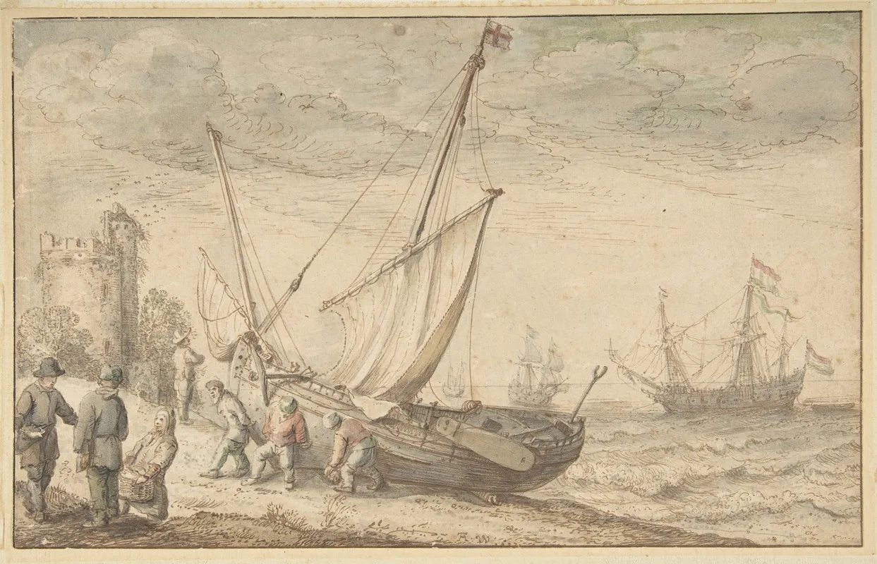 Fisherfolk Hauling Their Boat Onto The Shore by Adam Willaerts - Canvas Print