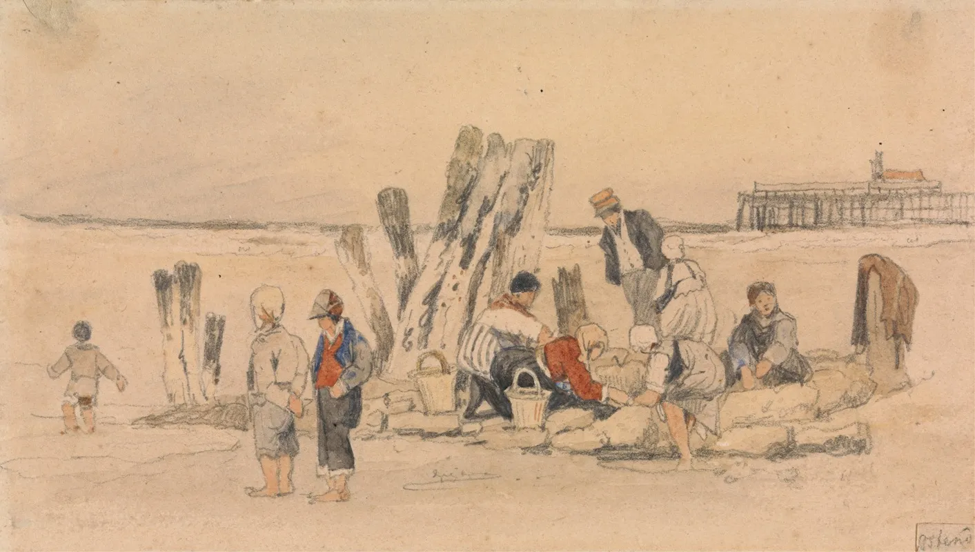Fisherfolk On The Beach Ostend by Samuel Prout - Canvas Print