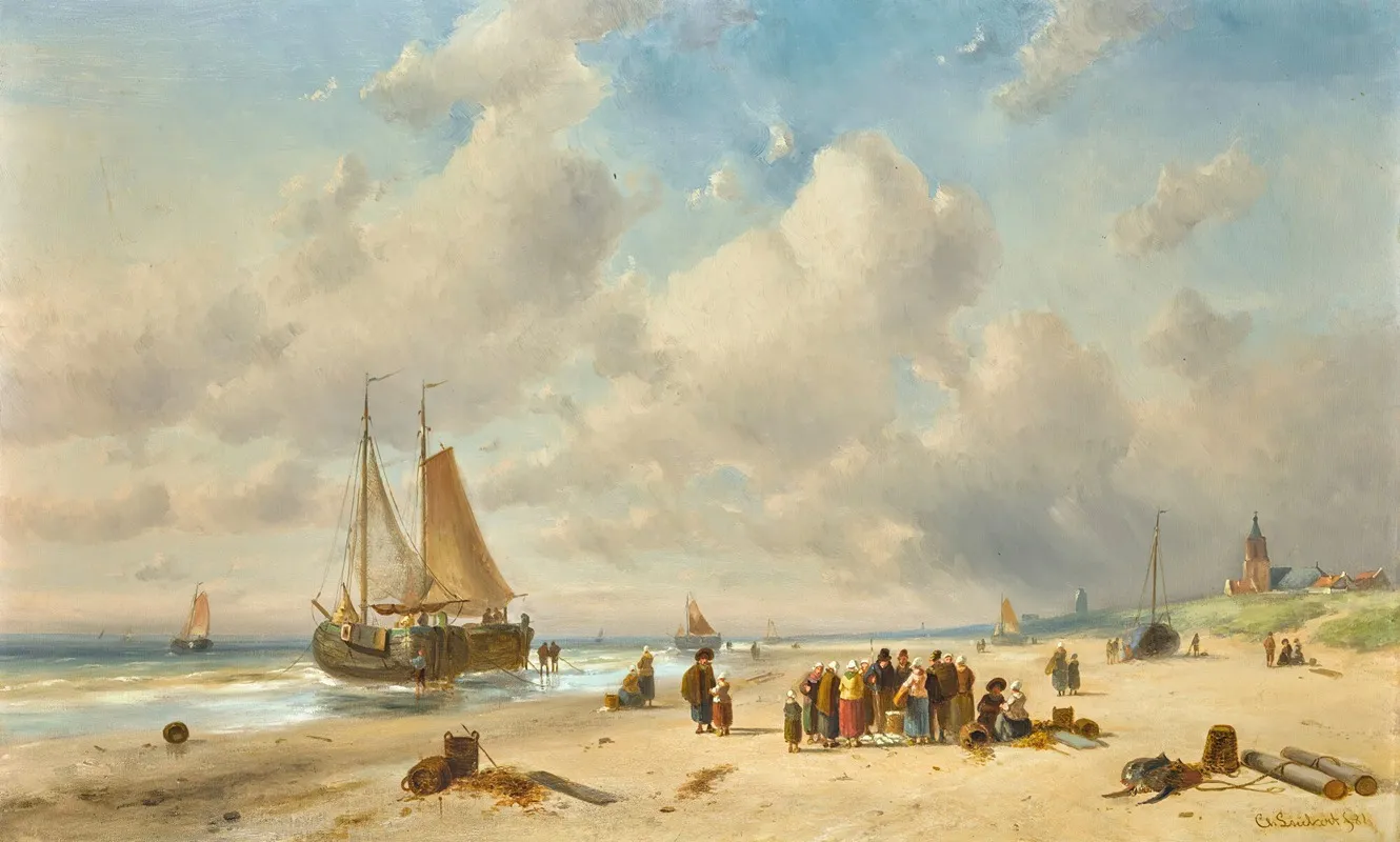Fisherfolk On The Beach by Charles Leickert - Canvas Print