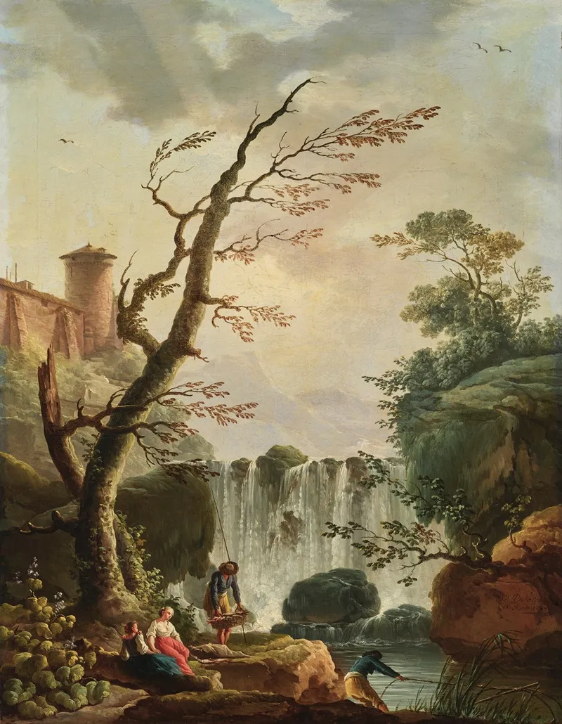 Fishermen At The Edge Of A Rocky Basin A Waterfall And A Castle In The Background