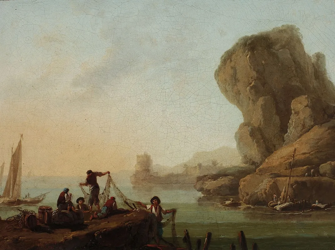 Fishermen Pulling Nets At The Seaside by Jean-Baptiste Pillement - Canvas Print
