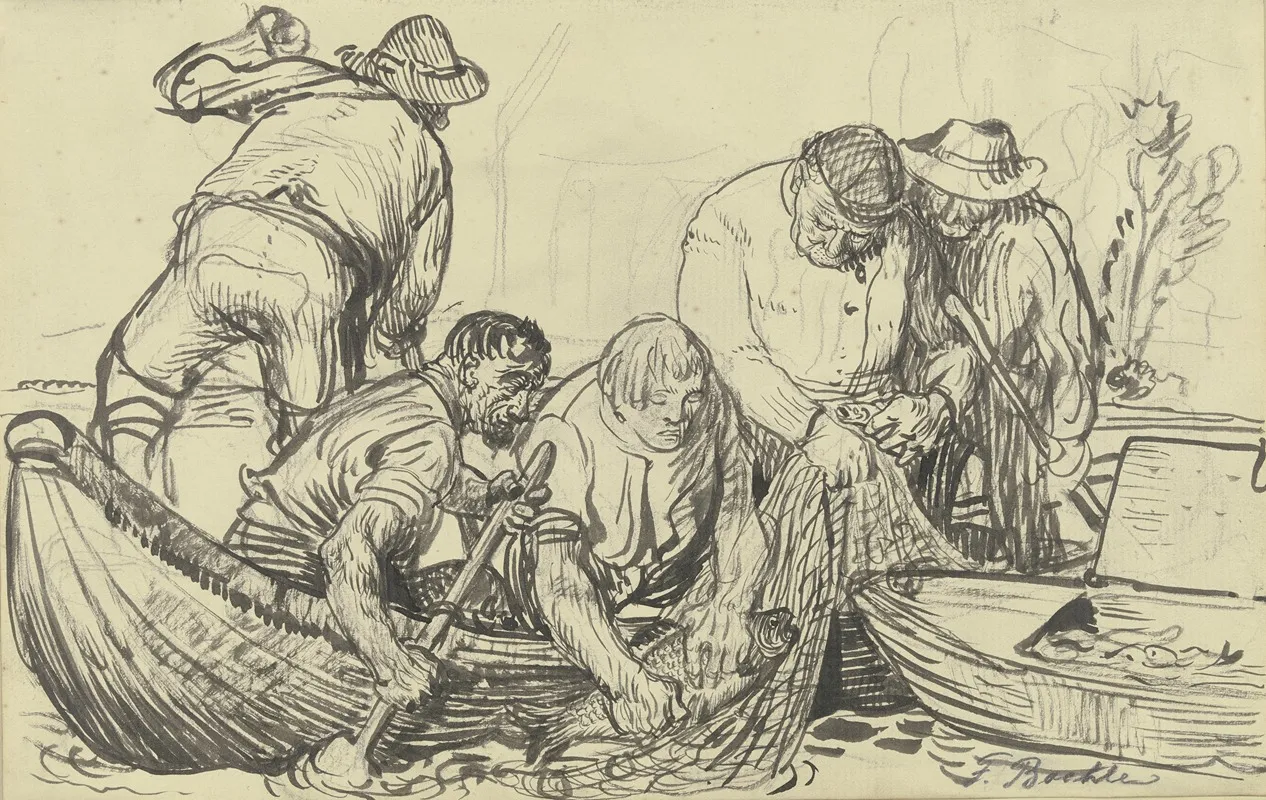 Fishermen Working by Fritz Boehle - Canvas Print