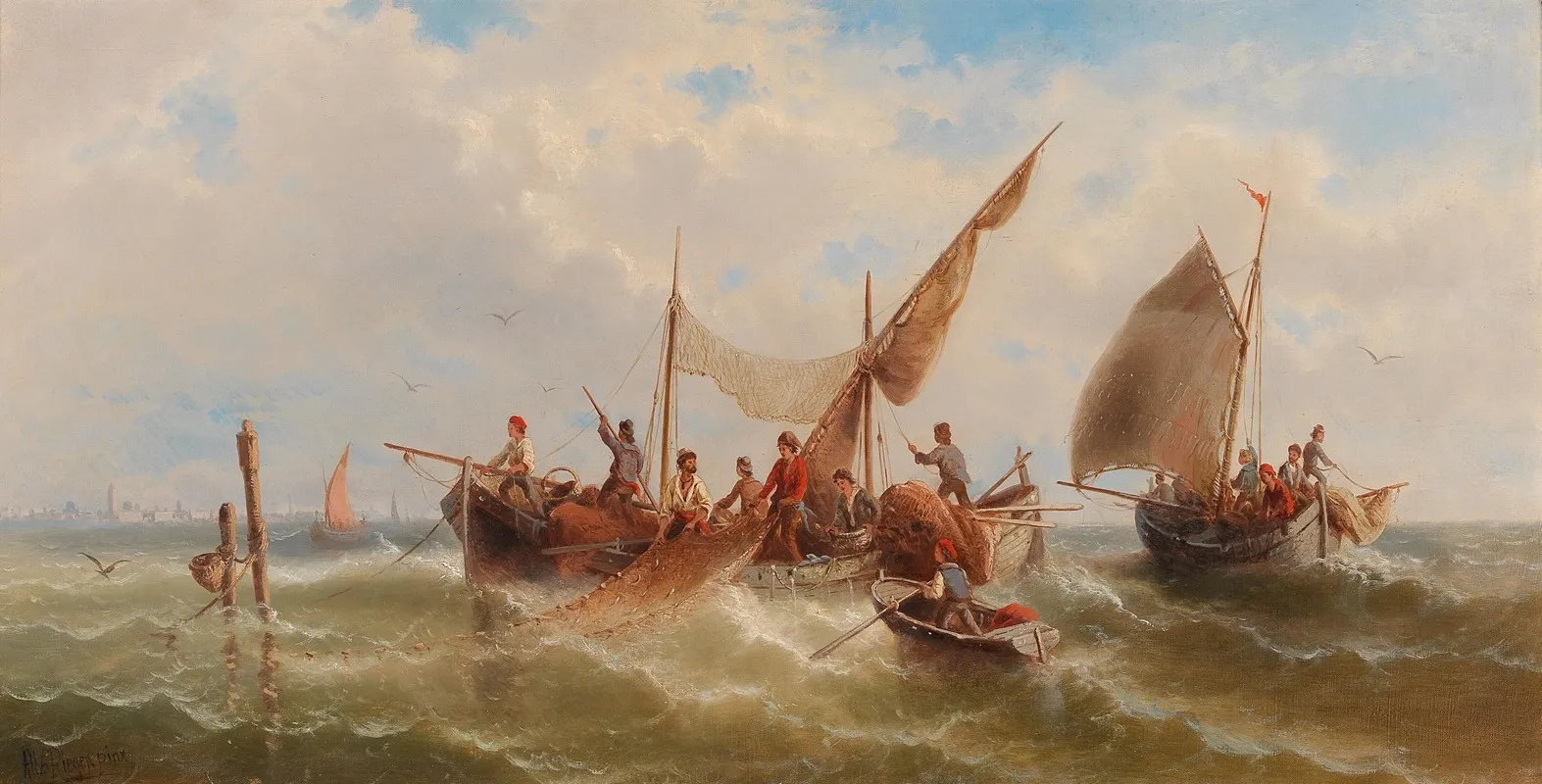 Fishing Boats Against A Venetian Silhouette by Albert Rieger - Canvas Print