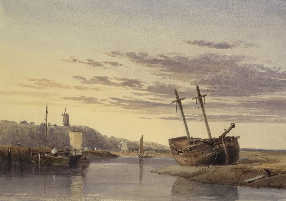 Fishing Boats In Rye Harbour With A Windmill In The Distance by Charles Bentley - Canvas Print