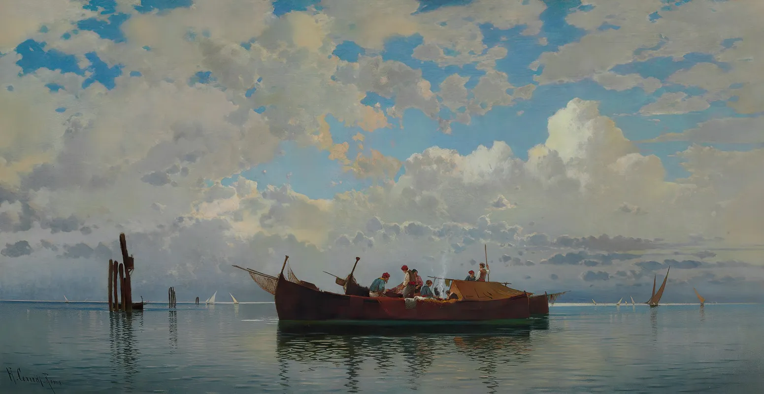 Fishing Boats On A Venetian Lagoon by Hermann David Salomon Corrodi - Canvas Print