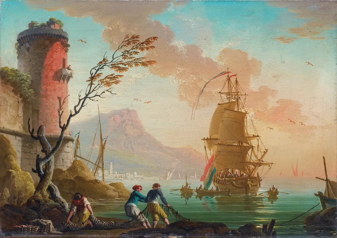 Fishing Scene In A Harbor by Charles-François Grenier De Lacroix - Canvas Print