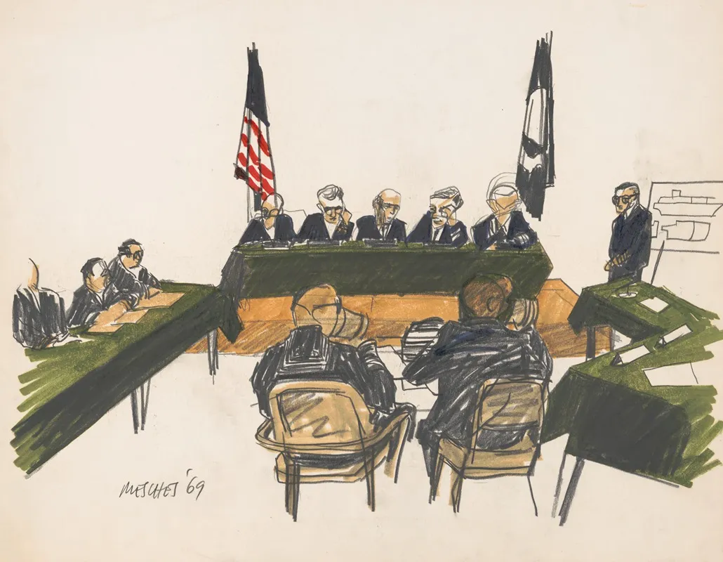 Five Admirals At A Court Of Naval Inquiry Led By Vice Admiral Harold G Bowen Jr In Coronado California by Arnold Mesches - Canvas Print