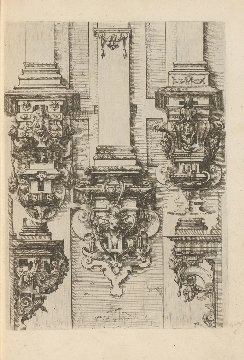 Five Composite Consoles Decorated With Scrollwork Grotesques And Mascarons by Wendel Dietterlin - Canvas Print