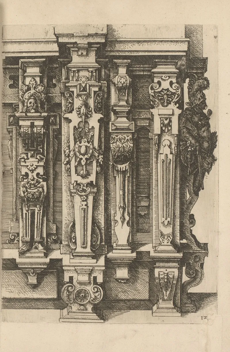 Five Doric Pilasters Decorated With Scrollwork Military Trophies And A Herm Dressed As A Soldier And Seen From The Side by Wendel Dietterlin - Canvas Print