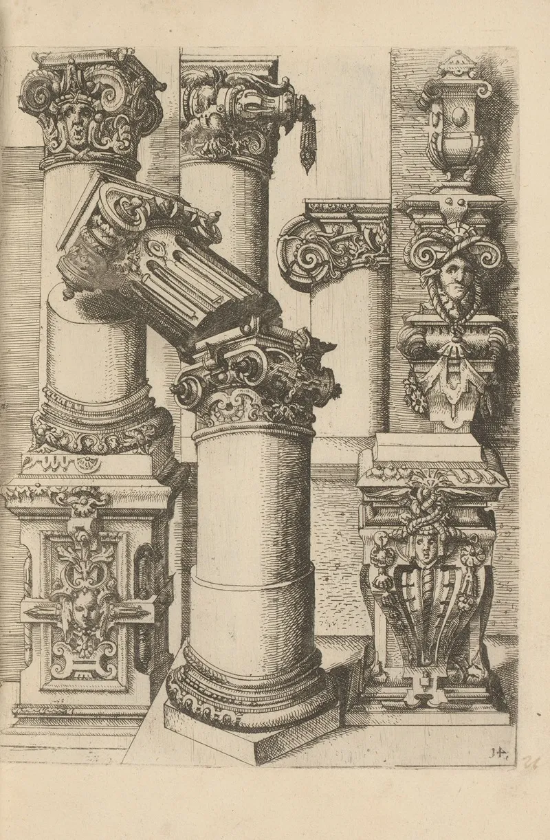 Five Ionic Capitals Two Ionic Pedestals Decorated With Scrollwork Two Corbels And Two Finials