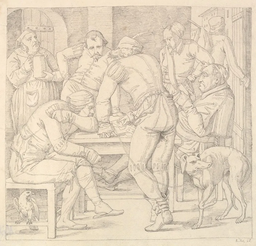 Five Men At A Table In German Renaissance Costume Playing Cards In An Inn