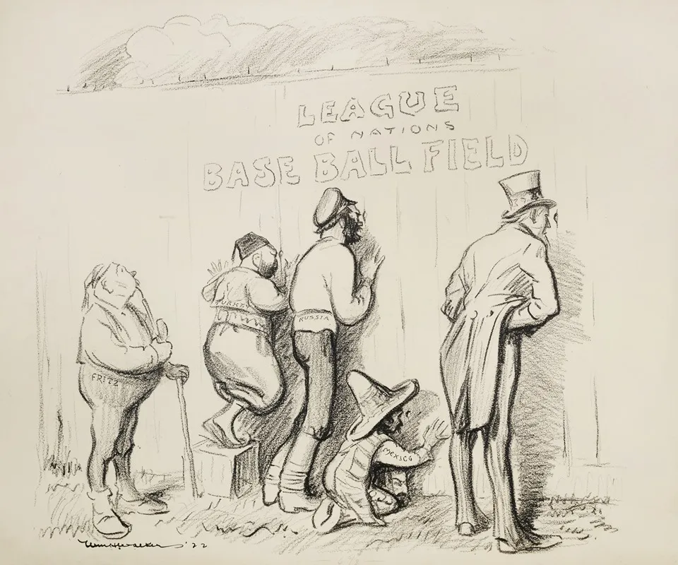 Five Men Fritz Turkey Russia Mexico And Uncle Sam Peer Through Holes In The Wall Of The League Of Nations Base Ball Field