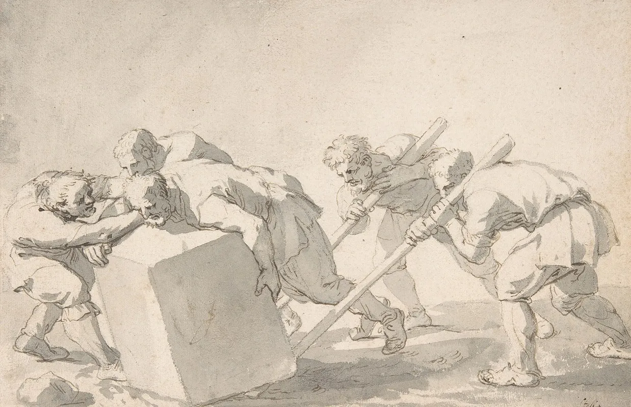 Five Men Pushing A Block Of Stone