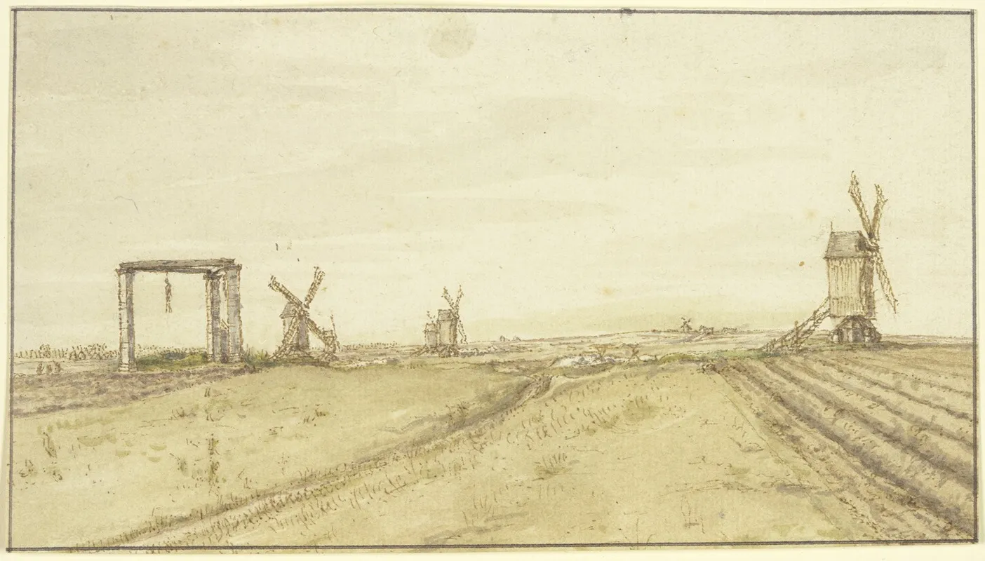 Flache Landschaft Mit Windmuhlen Und Galgen