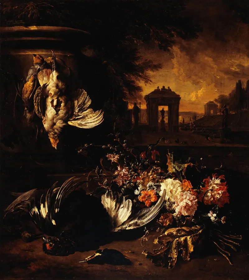 Fleurs Et Gibier Mort Devant Un Paysage by Jan Weenix - Canvas Print