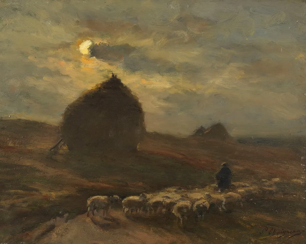 Flock Of Sheep And Shepherd By Moonlight by Jean Ferdinand Chaigneau - Canvas Print