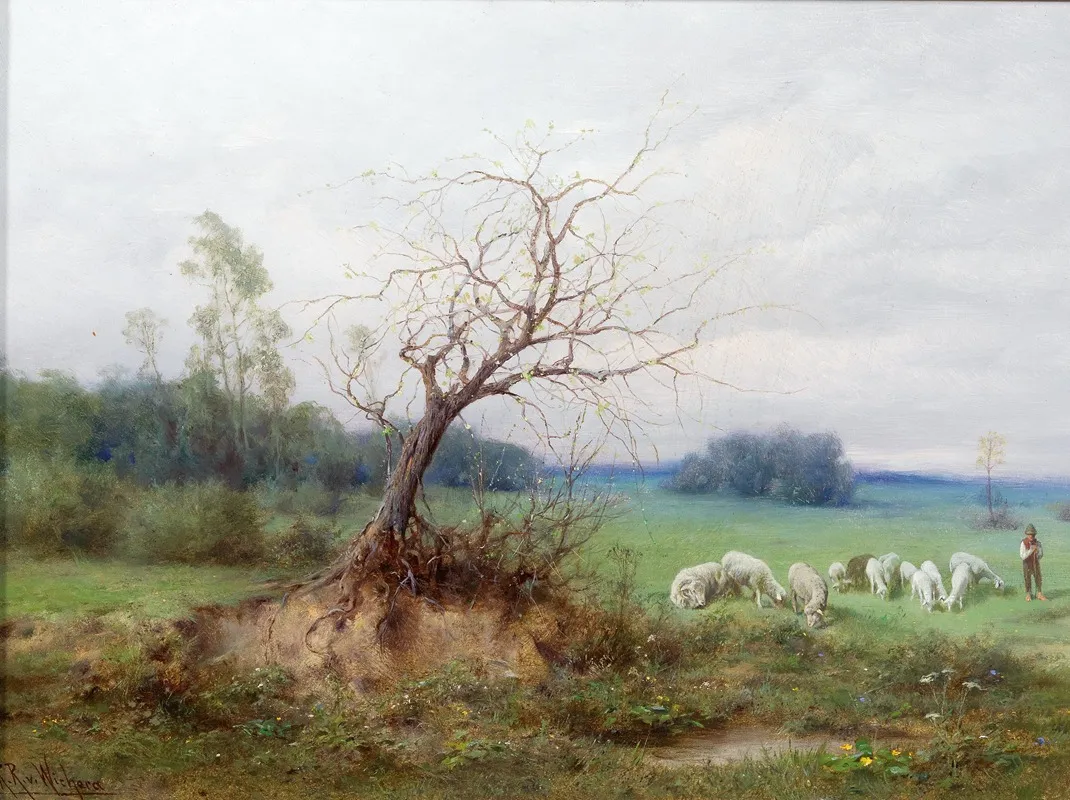 Flock Of Sheep With Shepherd In An Open Landscape by Raimund Ritter von Wichera - Canvas Print