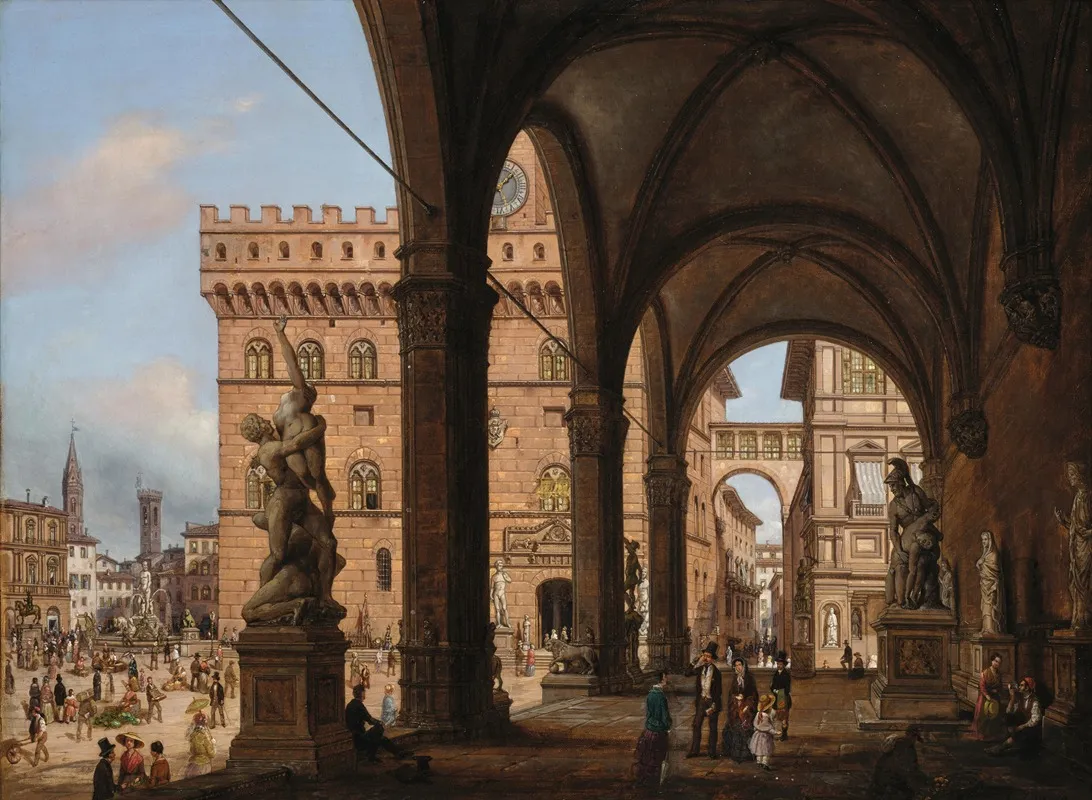 Florence A View Of Piazza Della Signoria From The Loggia Dei Lanzi by Giuseppe Canella - Canvas Print